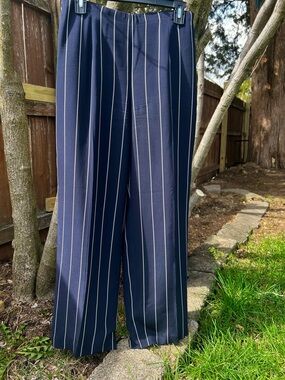 NWOT Chic Talbots Petite 100% Silk Wide-leg Pant Pinstripe Nautical 6P navy Flat